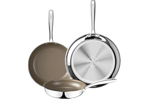 Redchef Lot de poêles en acier inoxydable et céramique à induction - 20 cm, 24 cm, 28 cm - Sans Ptfe et Pata - Revêtement en céramique - Passe au four et au lave-vaisselle