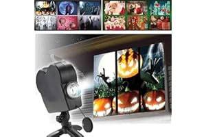 MJJAOQYF Halloween Christmas Holographic Window LED Projecteur Lights, 12 Films Festival Decoration for Home Party, avec Un Trépied,Noir
