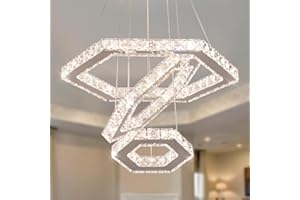 Finktonglan Lustre moderne en cristal LED 3 anneaux Suspension réglable en acier inoxydable Plafonnier pour salon salle à manger chambre à coucher (dimmable)