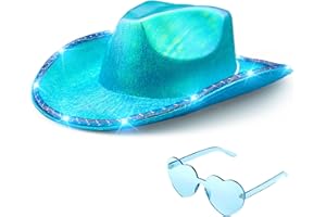 SILOM Cowboy Hat Women Sparkly Cowgirl Hats Space Neon Glitter Light Up Hats with Heart Glasses Fancy Metallic Holographic Disco Halloween Birthday Bachelorette Party