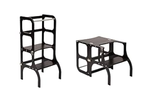 ETTE TETE Klappbarer Lernturm mit Sitzfunktion, 45 cm Stehhöhe, Step’n’Sit, Lernturm mit Sitz und Tisch umklappbar, Birkenholz, UV-Lackiert, Schwarz mit Silber Beschlägen
