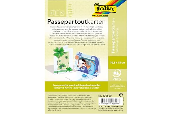 folia 130500 – passepartouts med fyrkantig stansning, ca 10,5 x 15 cm, 5 kort (220 g/m) och kuvert, vit – perfekt för inbjudningar, lyckokort eller hälsningskort