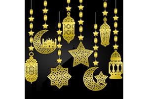 LECONCES Ramadan Mubarak Garland Eid Decorations, Shining Gold Star Moon Lantern Hanging Streamer Banners Ramadan Hanging Decorations for Islam Festival Party Supplies, Ramadan Kareem Decor