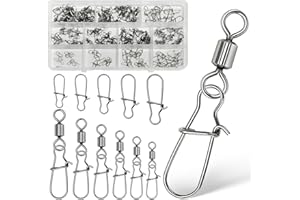 SIYRDXCBT 170 pz Junta Giratoria de Acero Inoxidable para Emerillones de Pesca 6 Tamaños Conectadores Emerillones 5 Tamaños Mar y Agua Dulce Línea de Pesca Kit Conector Gancho de Angel Snap Desbloqueo Rápido