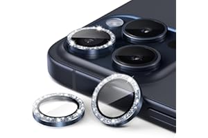 JETech Osłona Obiektywu Aparatu do iPhone 15 Pro 6,1 Cala i iPhone 15 Pro Max 6,7 Cala, Bling Glitter Indywidualna 9H Szkła Hartowanego Metalowa Osłona Pierścienia, 3 Sztuki (Tytan Błękitny)