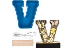 COLEESON Molde Grande de Resina epoxi del Alfabeto, Moldes de Resina Epoxi con Letras, con portalámparas de Madera, para la decoración de Bricolaje,V