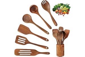 LROCOTANC Utensilios de Cocina Madera de 7 Piezas,Madera de Teca,incluye un juego de Utensilios Cocina Madera,espátula de Madera,cuchara de Madera,Cucharón y Colador,adecuado para Sartenes antiadherentes