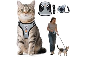 Aedcbaide Pettorina Gatto,Guinzaglio per Gatti di Piccola Taglia con Corda di Trazione Telescopica Automatica da 5 m,Imbracatura Regolabile Pettorina per Gatti con Riflettore(M)