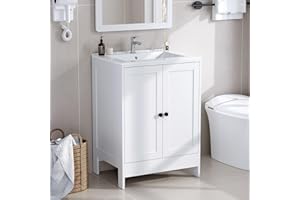 Bonnlo Bathroom Sink Cabinet, Vanity Unites with Basin, Free Standing Wooden Sink Storage Cupboard Space Saving Organiser with White Vessel Sink, 64cm x 47cm x 85cm, White
