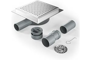 Bernkot DN50 DN40 Square Shower Channel 15 x 15 cm 360° Siphon with Odour Stop and Hair Strainer Stainless Steel Drain Channel Floor Drain Shower Drain Very Flat