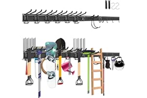 Mimoke Soporte de pared para garaje y jardín – 4 rieles, 12 ganchos versátiles, longitud total 162 cm, resistente e ideal para herramientas de jardín