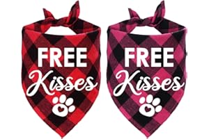 STMK 2 Pack Valentine's Day Dog Bandanas, Free Kisses Plaid Dog Puppy Bandana for Dog Puppy Valentine's Day Wedding Holiday Party Decorations (Red and Pink, Free Kisses)