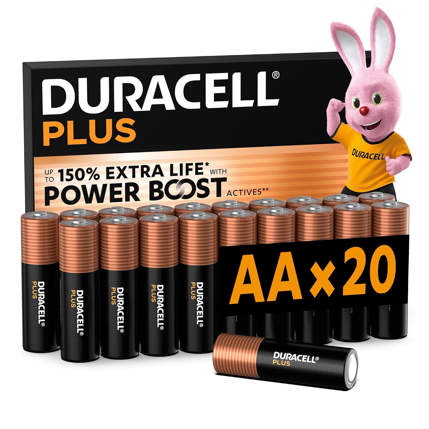 DURACELL Plus Pilas AA (Paquete de 20) – Pilas alcalinas 1,5 V – Hasta un 150 % de duración extra con activos POWER BOOST–Fiabilidad para dispositivos cotidianos–Envase con 0 % de plástico–MN1500