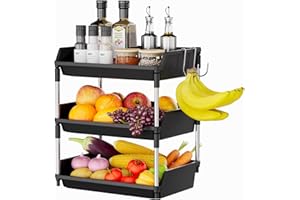 Lifewit Fruteros de Cocina, Frutero 3 Pisos Modernos con Dos Ganchos Desmontables, Plástico Carrito Verduras con Soporte Metálico, Cestas Apilables para Plátanos, Patatas, Cebollas, Negro