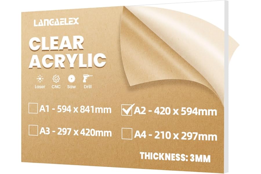 Langaelex A2 Clear Cast Acrylic Sheet 420 x 594 mm, 3 mm Thick Perspex Sheet cut to Size for Laser Engraving, Wedding Sign, DIY and Crafts Project
