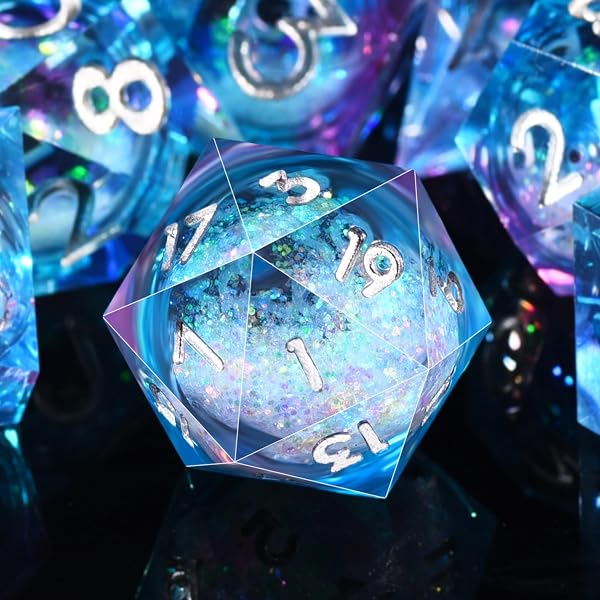 SIQUK 7 Piezas Dados Poliédricos para DND RPG MTG Dungeons and Dragons - D4 D6 D8 D10 D12 D20 D% con Núcleo Líquido - Azul y Violeta - 1