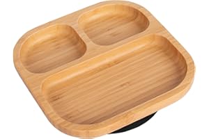 Tiny Dining Children's Segmented Bamboo Dinner Plate with Strong Stay Put Suction Cup - Great for Baby Toddler Weaning - Eco Friendly Kids Food Plates - Black