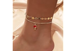 Inateannal Boho Silver Star Anklet Creative Mushroom Charm Ankle Bracelet Summer Beach Foot Chain Jewelry for Women and Girls