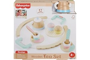 Fisher-Price Coffret de jeu Service à Thé en Bois avec théière, tasses et soucoupes, 12 pièces en bois pour les enfants à partir de 3 ans, HXT82