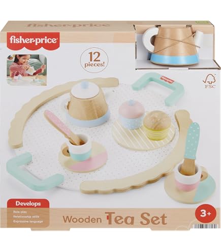HOTUT – Service à Thé En Bois 14 Pièces – Jeu De Rôle Dinette – Montessori – Dès 3 Ans – Pois Verts