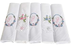 Surf the Shop Pack of 5 Ladies Initial Embroidered White Handkerchiefs with Satin Border and Matching Floral Handkies, Various Letters