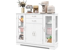 KOMFOTTEU Credenza da cucina in legno, armadio a buffet multiuso con ante e ripiani in vetro temperato, mobile ausiliario per sala da pranzo, soggiorno, bagno, 107 x 30 x 81 cm