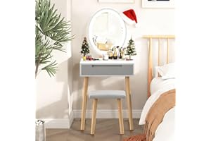 YOURLITE Makeup Vanity Table Set Dressing Table Vanity Cabinet with Stool Dresser with LED Mirror, White, 1 Drawer