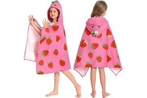 OLAOLA Serviette de Bain à Capuche pour Enfants, Serviettes de Plage en Microfibre Doux Natation Wrap, Enfant Peignoir À Langer, Poncho de Bain pour Garçons Filles de 3 à 12 Ans (Fraise)