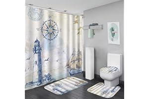 BULLPIANO Seastar Duschvorhang Set Muscheln Seestern Strand Bad Duschvorhang mit rutschfesten Teppichen Toilettendeckel und Badematte, Stoff Wasserdichtes Badezimmerzubehör Set mit Vorhanghaken (lighthouse02)