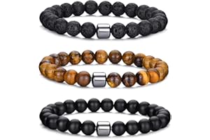 MUCCA 3 Pcs Mens Bracelets Adjustable Stretch Bracelet for Men 8MM Natural Stone Bead Bracelet Tigers Eye Bracelet Gifts for Teenager Mens