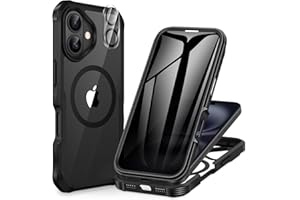 CENHUFO Magnética Antiespia Funda iPhone 16, Compatible con MagSafe Integrado Privacidad Cristal Templado Protector Pantalla y Protector cámara, 360 Grados Antigolpes Carcasa Capa Doble Case -Negro
