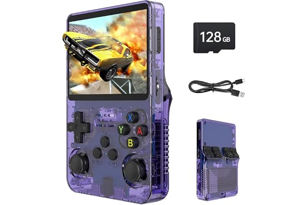 R36S Console de jeu rétro, écran IPS de 3,5 pouces, 128 Go de mémoire, 40 000 jeux préinstallés, console portable pour enfants et adultes, support multi-émulateurs, violet