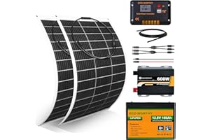 ECO-WORTHY 260W 12V Flexibles Solarpanel Komplettes Kit: 2 * 130W Flexibles Solarmodul + 100Ah Litthiumbatterie + 600W 12V Sinuswechselrichter + 30A PWM Laderegler für Camper, Wohnmobil, Van