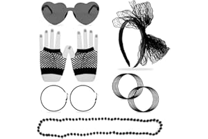LSYYSL Zestaw akcesoriów odzieżowych z lat 80-tych, akcesoria do makijażu, koronkowe akcesoria do włosów, neonowe naszyjniki, kolczyki vintage, rękawiczki kabaretki, kolorowe silikonowe bransoletki, okulary