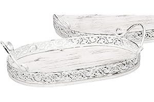 ETC dekoratives Tablett ovales Deko-Tablett mit Griffen Metall in Shabby weiß Vintage Landhaus Optik (mittel)