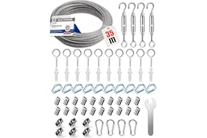 Angooni 65 pcs Stahlseil Kit, 35 m Edelstahl Drahtseil, Spanndraht Seilspanner 304 Edelstahl Kit, Stahlseil Ummantelt mit ösen, Rankhilfen für Kletterpflanzen, Wäscheleine, Lichter Hängen