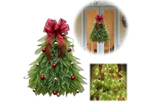 HIAME Dekoracja bożonarodzeniowa na drzwi, wieńce ze światłem LED, 50 cm, choinka powitalna, choinka z kokardką i kulką, dekoracja na drzwi wejściowe, na ścianę, drzwi wejściowe, okno, kominek (Red Bow)