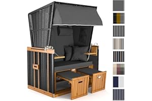 Sanzaro Strandkorb XL120 cm Deluxe Zweisitzer Holz und Poly-Rattan Sylt Ostsee Volllieger inkl. 4 x Kissen klappbare Rückenlehne 2 Personen Grau Uni