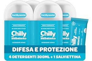Chilly Detergente Antibatterico per l'Igiene Intima con Azione di Difesa e Protezione, Fragranza di Timo e Salvia, PH 5, Clinicamente Testato, Confezione da 4 Flaconi da 300ml