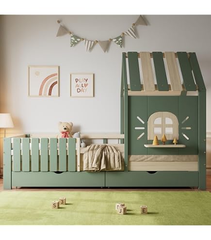 Produktbild von Kinderbett Hausbett 90x200 Cm, Massivholz Bett Für Jungen Und Mädchen, Mit Rausfallschutz Und Lattenrost, Ohne Matratze, Weiß