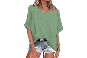 WNEEDU Tee Shirt Oversize Femme Col V été Haut Femme Manches Courtes Chemisier Top été Décontractée Léger et Aéré Grande Taille