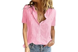 PASUDA Blusas de Mujer Algodón Camiseta Manga Corta Elegante Verano Camisa con Botón Cuello en V Casual Blusa Shirts Tunic Tops