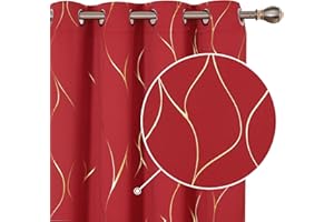 Deconovo Blackout curtains, Eyelet Gold Wave Foil Printed Curtains, Thermal Insulated Curtains for Girls Bedroom, 46 x 54 Inch (Width x Length), Red, One Pair