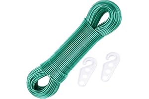 YUNSTK 60M Washing Line Rope Full Steel Core, Heavy Duty Clothes Line, Wall Mounted Rotary Washing Line Replacement Line with 2 Tensioners, Plastic PVC Cover Clotheslines for Outdoor, Indoor, Garden, Dryer