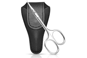CGBE Stainless Steel Curved Manicure Scissors with Extra Fine Blades and Ergonomic Handle - Asymmetric Design for Cuticle, Eyebrow, and Dry Skin with Leather Sheath