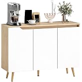 HOMCOM Sideboard with 3 Doors Wooden Legs 107 x 35 x 76.5 cm Oak and White | Living Room Sideboard Adjustable Shelves for Kit