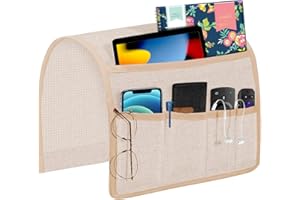 Hokibero Remote Caddy for Recliner Armchair Caddy for Couch Sofa Armrest Organizer Non Slip Arm Chair Caddie with 5 Pocket Newspaper Storage for Tablet, Magazine, Phone, iPad, Champagne