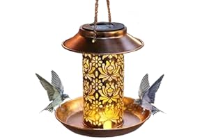 VGE Mangeoire solaire pour oiseaux à suspendre en métal imperméable avec lumière, idée cadeau pour les amateurs d'oiseaux (mangeoire à oiseaux robuste résistante aux intempéries)