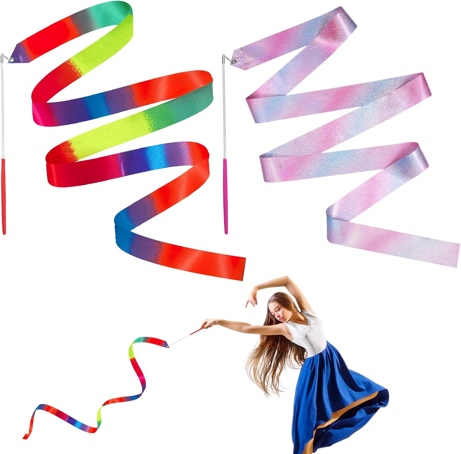 JINSIHU 2 Piezas Cintas de Baile, 4M Cintas de Danza Cinta de Gimnasia Cinta Gimnasia Rítmica Niña Cintas de Ballet para Gimnasia de Baile Artístico Ballet Espectáculos de Carnaval de Circo Bastón