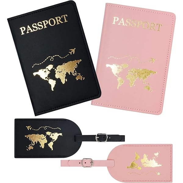 Set 4 Custodie Passaporto In Pelle PU Con Etichette Bagaglio - Portadocumenti Da Viaggio Unisex Nero E Bianco